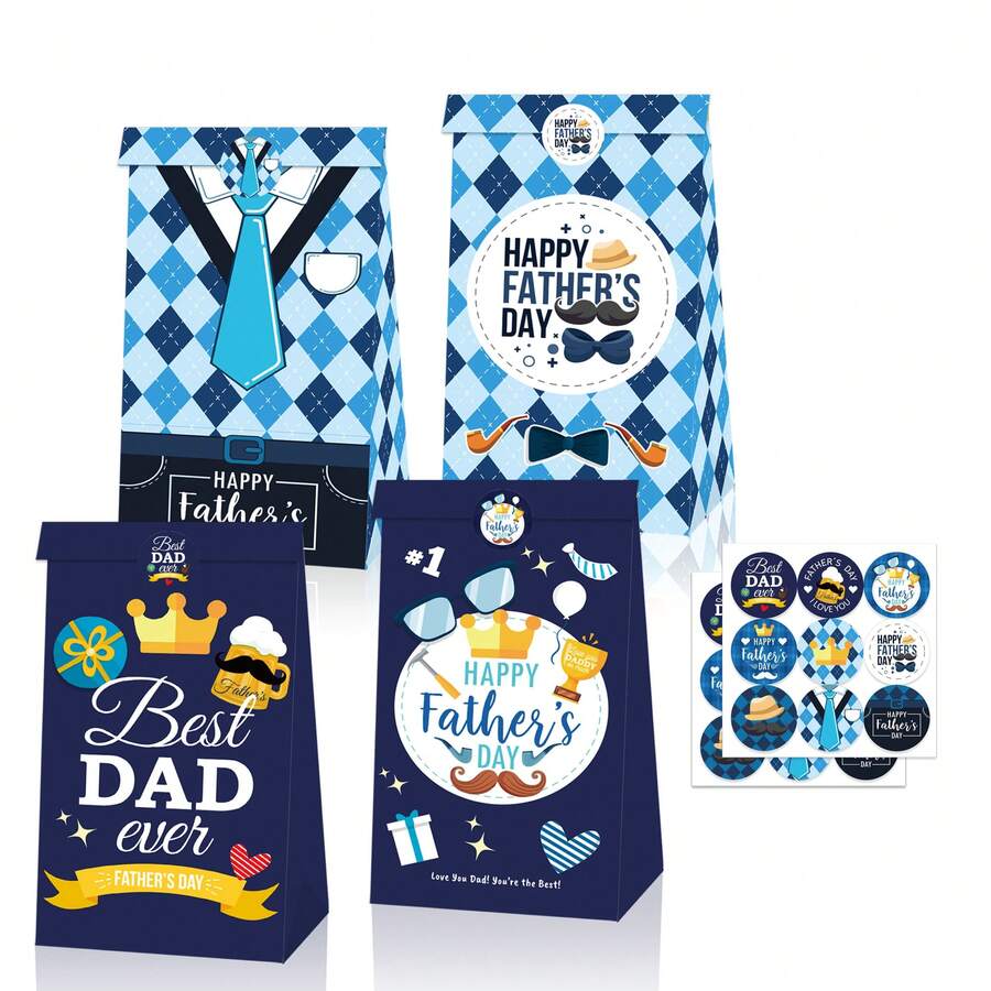 4PCS Father's Day Paper Gift Bags ,With Stickers, Dad Themed Goodie Bags, Bags For Father's Day Birthday Party Favor Gift Wrapping Supplies - LB288 - View 1
