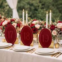Wedding Velvet Table Numbers 1-20 Wood Wedding Bar Sign With Stand Burdy Oval Table Numbers For Reception Wooden Tables Markers For Anniversary Event Party - 勃根地紅 - 查看 6