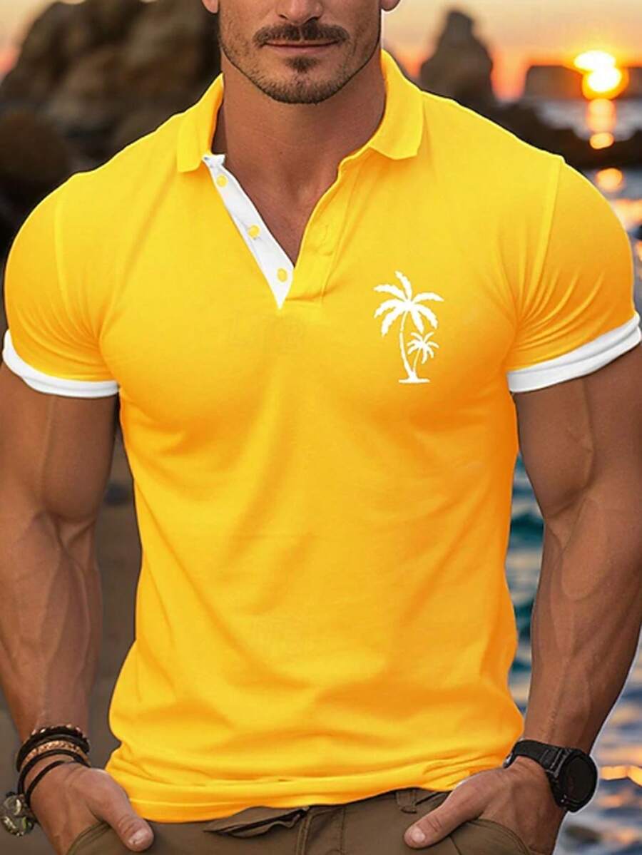 Áo polo nam tay ngắn màu vàng, kiểu dáng thường ngày, thích hợp cho kỳ nghỉ, với họa tiết cây cọ. - Màu vàng - Xem 1
