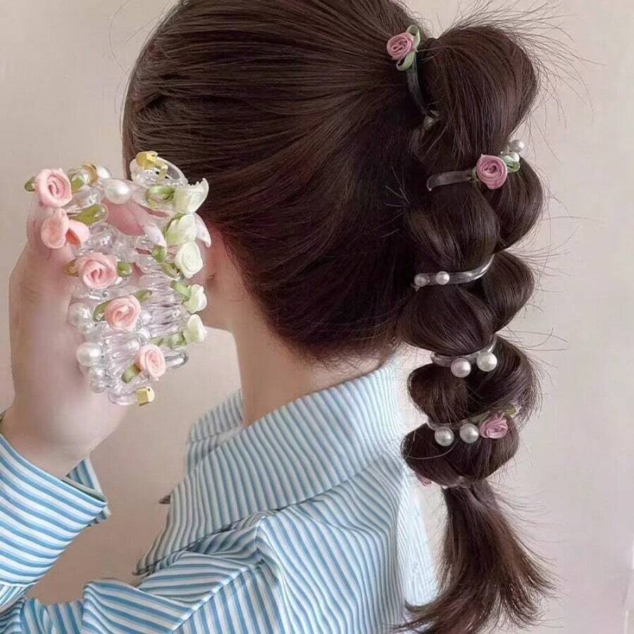 Dây buộc tóc xoắn, băng đô tết hoa hồng, dây buộc tóc hình dây điện thoại đính ngọc trai cho bé gái, phụ kiện tóc tết đuôi ngựa. - Nhiều màu - Xem 1