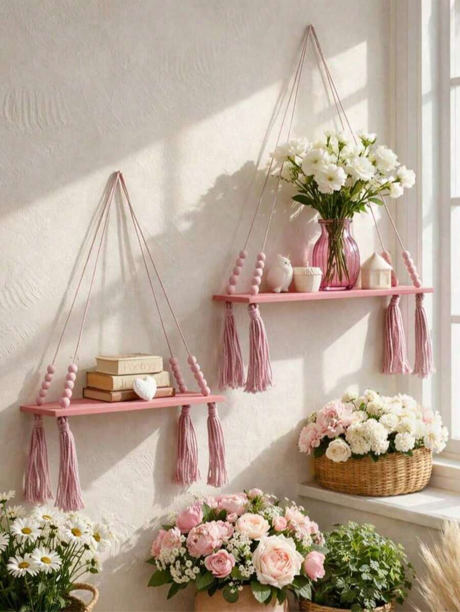 1/2pcs Boho Style Pink Tassel Wooden Wall Hanging Shelves, Decorative Floating Wall Mounted Storage Rack For Bedroom, Living Room, Suitable For Small Plants, Toys And Decorations, Woven Bohemian Style Wooden Wall Shelf With Wooden Beads, Rustic Floating Wall Shelf For Bedroom, Living Room, Dorm Decor - Pink - View 1