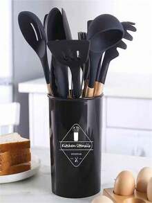 12-Piece Silicone Non-Stick Kitchen Utensil Set - Spatula And Spoon - Black - View 3