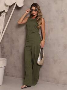 Elegant Linen Jumpsuit With Wide Legs And Discreet Pockets. - xanh quân đội - Xem 3