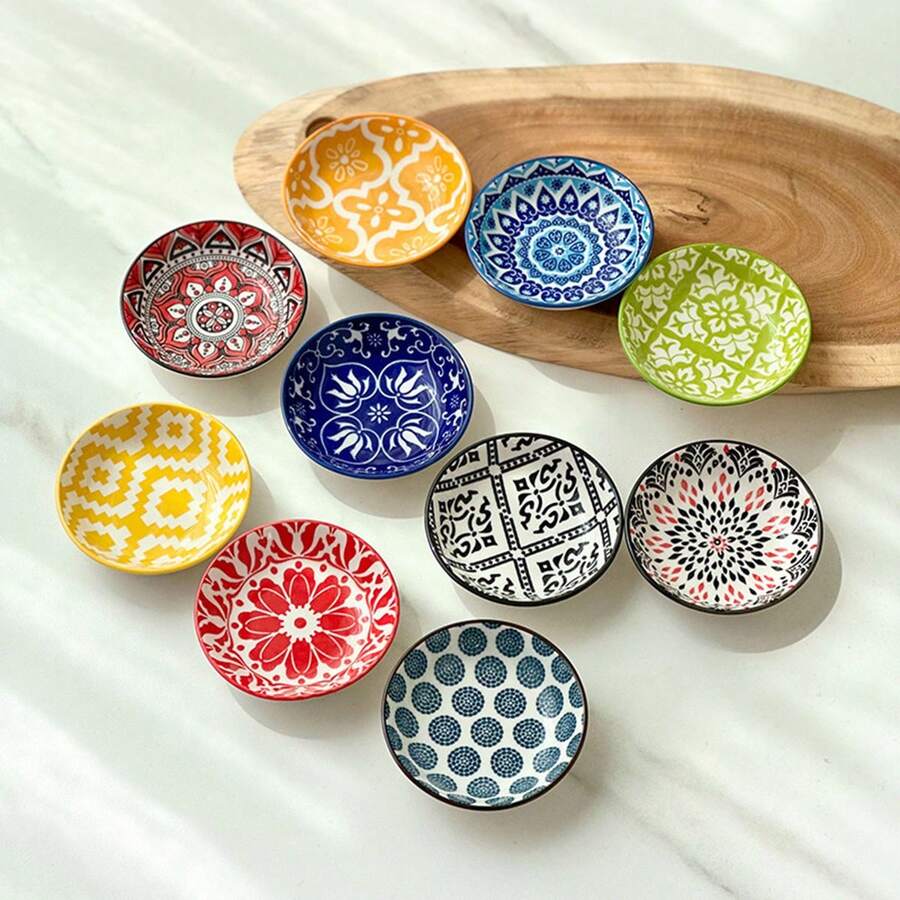 1pc Vintage Bohemian Ceramic Small Sauce Dish, Japanese Style Dipping Bowl, Soy Sauce Vinegar Dish, Hotel Cuisine Appetizer Plate, Creative Painted Multi-Functional Seasoning Tableware - Multicolor - View 1