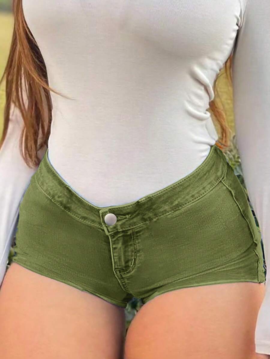 Celana Pendek Denim Wanita Nyaman dengan Potongan Lurus, Kain Elastis Sedang, Penutup Kancing dan Resleting, Panjang Pendek - Hijau - View 1