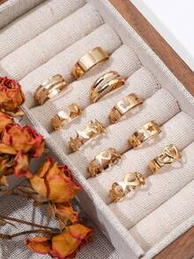 10pcs Bohemian Beach Vacation Metal Open Geometric Line Heart Hollow Carved Toe Rings Set - Gold - View 2