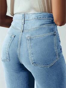 Women's Straight Leg Double Pockets Casual Versatile Long Denim Jeans Spring - Light Blue - View 4