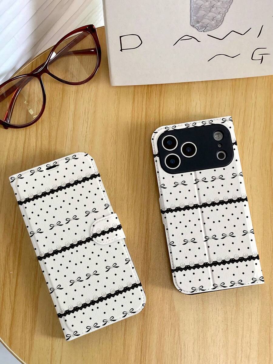 1 pieza Funda de teléfono de piel de PU con diseño minimalista de lunares, rayas y lazo, adecuada para iPhone 17Promax/17air/17/17pro/16Promax/16/16Pro/13/15Pro/14/16Pro/12Promax/13Pro/11Promax/11, cubierta protectora suave de lujo y diseño personalizado - Multicolor - Ver 1