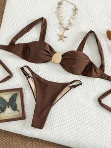 Bộ bikini 2 mảnh dành cho nữ, chất liệu vải bóng, có đệm mút, dây đeo dày và phụ kiện kim loại, thích hợp cho kỳ nghỉ hè ở bãi biển. - màu nâu - Xem 2