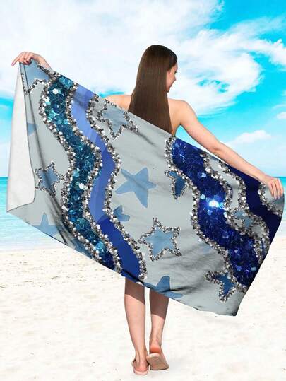 美国闪亮星形水钻沙滩巾，独立日假日风格，吸水性强，速干轻便透气，男女通用，适合沙滩、露营、游泳、潜水、冲浪、旅行，是复活节、夏季、生日礼物的理想之选。
