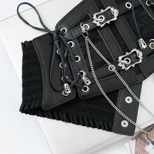 1 chiếc thắt lưng bản rộng co giãn kiểu punk tối màu dành cho nữ, làm bằng da PU, phù hợp cho mọi mùa, thích hợp cho các bữa tiệc đêm Halloween hoặc mặc hàng ngày. - màu đen - Xem 3