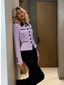 Collared Blouse, Unique Beautiful Elegant Waist-Cinched Top, Versatile Spring/Autumn Slim-Fit Jacket - Mauve Purple - View 5