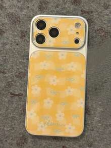 Minimalist Fresh Yellow Grid Floral Bow Full Screen Painted Phone Case, Instantly Transforms Into 17 Series Phone Case, Suitable For IPhone 17 Pro Max, 16, 15, 14 Pro Max, Girly Large Window Glossy Creative Shock-Proof Protective Cover - Yellow - View 4