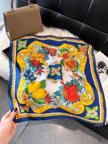 1pc Elegant Fruit & Floral Print Faux Silk 27.6" Square Scarf, Women's Bandana, Essential For Spring/Summer, Versatile For Hair Tie, Waist Belt, Neckerchief, Fashion Accessory,Accessories,Beach Towel - Multicolor - View 2