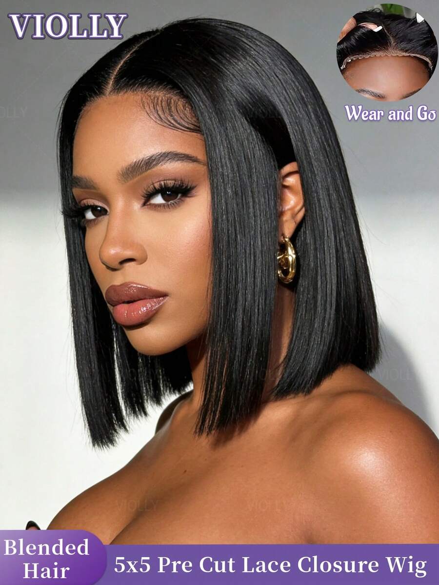 VIOLLY Wear And Go Glueless Wigs Human Blended Hair Wig Pre Plucked Pre Cut 5x5 Straight Lace Front Wigs Brazilian Virgin Hair Wigs For Women No Glue Lace Front Closure Ready To Wear Wigs 180% Density Natural Black, Halloween