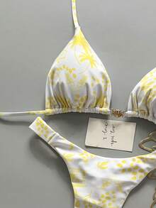 Bộ bikini 2 mảnh họa tiết hình học, hoa nhiệt đới, phong cách thường ngày, dễ thương, thanh lịch, gợi cảm, kiểu bohemian, có dây thắt lưng, thích hợp cho kỳ nghỉ biển, mùa xuân và hè dành cho nữ. - Màu vàng - Xem 4