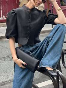 Áo croptop nữ kiểu dáng cổ điển cung đình, cổ đứng, tay phồng, thanh lịch, ôm sát eo. - màu đen - Xem 4