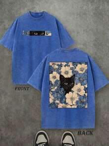 SummerRetro Washed T-Shirt Double Sided Printed (230 Pure Cotton T-Shirt) 'Cat In The Flowers'  Cat And Flowers Pattern Print, Mens TShirt, Mens Shirt - 寶藍色 - 查看 1