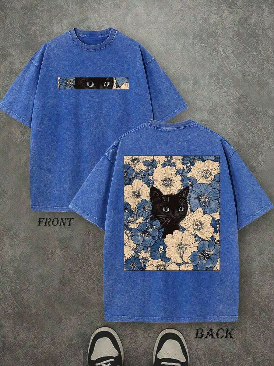 SummerRetro Washed T-Shirt Double Sided Printed (230 Pure Cotton T-Shirt) 'Cat In The Flowers' Cat And Flowers Pattern Print, Mens TShirt, Mens Shirt - 寶藍色 - 查看 1