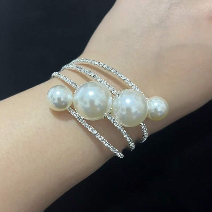 1件装ins风设计水晶珍珠缠绕开口手链，弹性可调节手镯，适合度假、旅行、节日等各种场合。 - 白色 - 查看 1