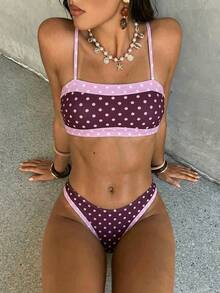 Bộ bikini chấm bi nâu hồng SunTide, phong cách retro ngọt ngào cho kỳ nghỉ hè trên bãi biển. - Nhiều màu - Xem 3