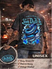 Men Washed Cotton Streetwear Brand Originals Vons Dutchs Snake And Clover Print Casual Tee For Daily Wear Outdoors | Front And Back Print | Vintage Heavyweight T Shirt | Perfect Gift | Loose Comfortable Breathable | Machine Washable Fabric | Hip Hop Cool Style | Drippy Clothes | Y2K - 黑色 - 查看 2