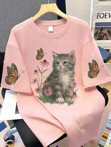 Plus Size Women's Cute Cat & Floral Print Round Neck T-Shirt, Suitable For Summer Vacation, New Year Gift, Valentine's Day Gift, Suitable For Daily Wear, Outing, Festival, Beach, Party, Birthday, Beach, Gathering, School, Music Festival, Vacation, Commuting, Fitness, Wedding, Outings Casual Pink - Pink - View 1