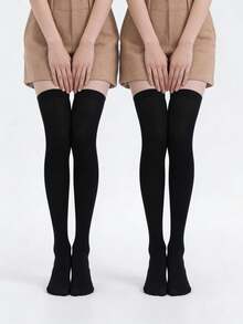 2 Pairs Women's Black Over-The-Knee Socks, Suitable For Daily Wear, Can Be Paired With Skirts - Black - View 7
