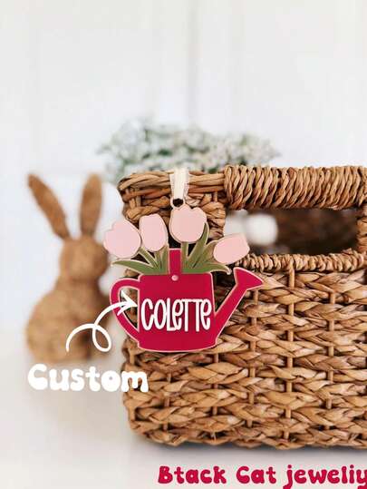 Customized Acrylic Name Watering Can Tag, Floral Backpack Charm, Tulip Keychain, Summer Gift