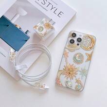 6-In-1 Set: Sun & Planet Pattern Phone Case + Charger Head Cover + Cable Protector + Storage Cord + Data Cable Wrap Cord, TPU Shockproof Protective Case Compatible With IPhone 6-16 Pro Max, Suitable As Birthday & Christmas Gift For Couples, Daughters, Girlfriends, Teenagers - Clear - View 4