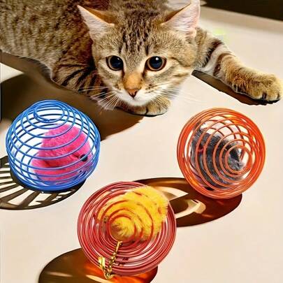 3pcs Interactive Cat Toys With Balls And Mice - Colorful Spring Plastic Toys For Indoor Use, Battery-Free, Stimulate Hunting Instinct For Kittens And Adult Cats, Cat Supplies Cat Toys