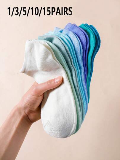 1/3/5/10/15 双装随机女士纯色舒适透气渐变马卡龙短袜，适合日常通勤