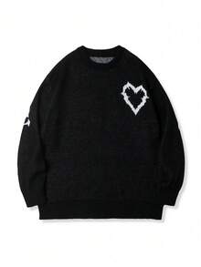 Autumn/Winter New Gothic Style Unisex Casual Sports High Street Streetwear English Text Heart Pattern Plus Size Knit Sweater - Black - View 3
