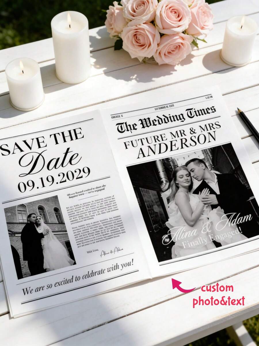 1pc Customized Wedding Newspaper Template, Personalized Photo & Text Save The Date Poster, Engagement Announcement, Future Mr. & Mrs. Printable News Style Invitation, Retro Wedding Logo, Bridal Shower Decor, Reception Welcome Sign, Anniversary Souvenir, Wedding Photo Props, Digital Download Gift - Multicolor 5 - View 1