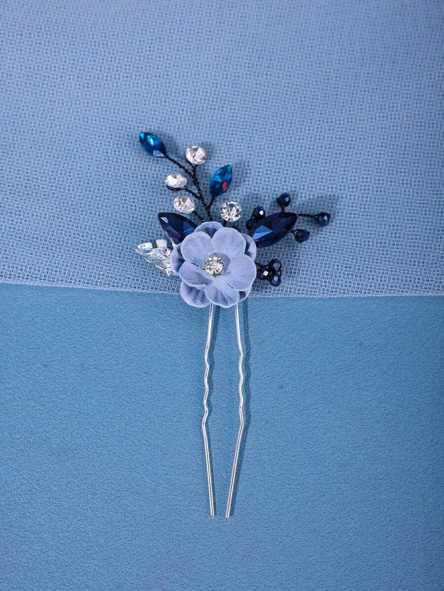 1件女款銀色花仙子藍色花朵髮梳,優雅手工薄紗面紗飾品,新娘婚禮派對髮飾,適合夏季、海灘、節慶、生日 - 藍色 - 查看 1