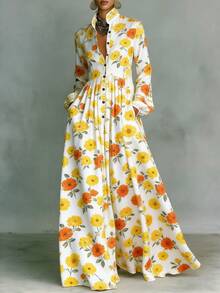 2026 European And American French-Style Slim-Fit Long-Sleeve Printed Dress, Elegant Retro Casual Dress, Holiday-Style Women's Clothing - 藍色 - 查看 9