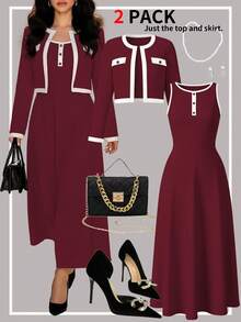 Plus Size Women Elegant 2-Piece Set, Colorblock Trim Button Cardigan Paired With Solid Color Maxi Dress, Suitable From Spring To Summer - Burgundy - View 3