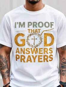 Men's Christian T-Shirt "I Am Proof Of God's Answer To Prayer" With Gold Crown Cross And Lettering - Ultra Soft And Breathable Fabric Suitable For Church, Easter, Christmas - White Crew Neck And Short Sleeve, Unisex (Machine Washable) Religious Clothing - 黑色 - 查看 5