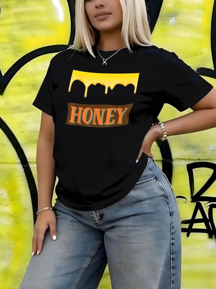 Plus Size Women's Vibrant Letter Cool And Sweet Honey Pot, Fun And Lazy Halloween Print T Shirt Casual Crew Neck, Short Sleeve, Comfort Fit Top For Spring & Summer, Achine Washable Summer Vacation - 黑色 - 查看 1