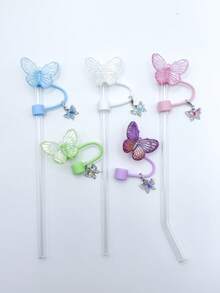 10mm/0.4in Silicone Straw Toppers Cup Accessories, Compatible With Stanley ,30/40 Oz Tumbler With Handle, Butterfly Design Straw Lids, Colorful Glitter Butterfly Straw Topper And Butterfly Pendant, Dreamlike Laser Butterfly Straw Lid, Dust-Proof Beverage Straw Cover And Cute Butterfly Decoration, Gifts For Birthday, Valentine's Day, Family Gathering, Mother's Day Gift - Multicolor - View 3
