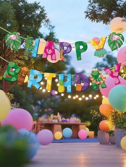 2件装夏威夷主题生日派对横幅，热带火烈鸟菠萝派对装饰，适合夏季泳池/海滩生日派对用品，也可用于生日主题旗帜、夏季海滩装饰、夏威夷生日派对装饰、热带派对装饰、生日派对装饰。