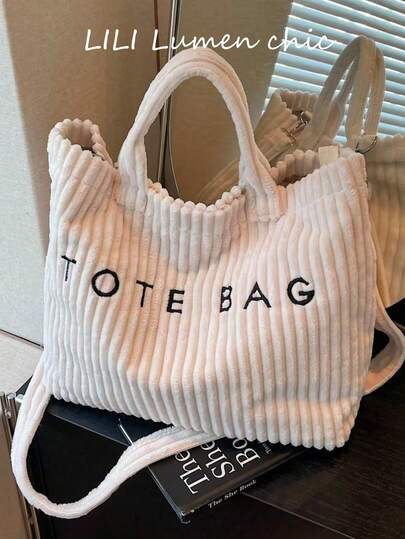 White Striped Tote Bag, Soft Plush Crossbody Shoulder Bag, Large Capacity With Embroidery Detail, Casual & Minimalist Style, Suitable For Students, Office Ladies, Perfect For Work, Shopping, Vacation & Daily Use