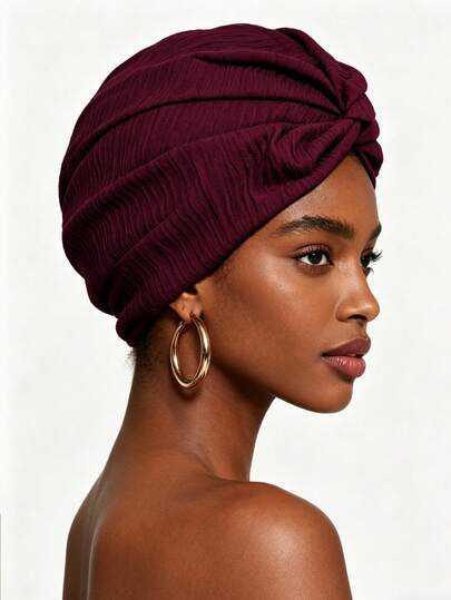 Bộ 1 mũ xếp ly họa tiết màu trơn dành cho nữ - Lấy cảm hứng từ phong cách Boho, mũ turban họa tiết màu đỏ tía dành cho nữ, mũ đã thắt nút sẵn, mũ turban xếp ly co giãn dành cho người đang hóa trị, người bị rụng tóc, khăn trùm đầu kiểu châu Phi, mũ thời trang để đội hàng ngày và dự tiệc, mùa hè, đi biển.