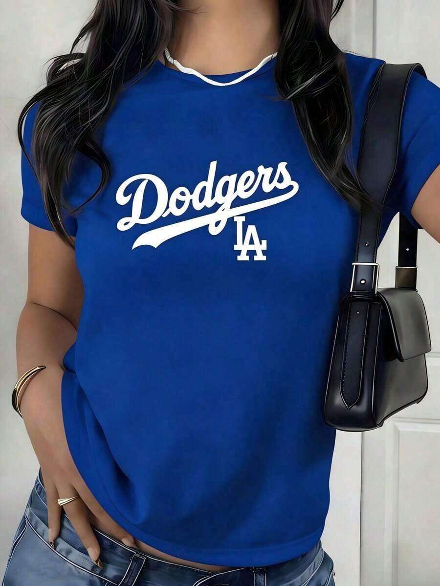 Dodgers LA Baseball Team Off - The - Shoulder Long - Sleeve Sweatshirt, Stylized 'Dodgers' Cursive Text & 'LA' Logo, Wrist - Gathered Loose Casual Top With Right Strap Detail, Gray Background Plain Style2026100% Cotton - 藍色 - 查看 1