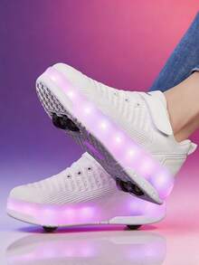 BLSART 兒童穿脫式 LED 發光 2 合 1 可拆卸輪滑鞋，透氣布料輕量禮物 - 白色 - 查看 4