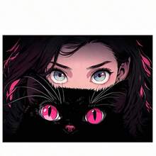 1pc Anime Girl & Black Cat Tapestry - Aesthetic Pink Eyes Wall Hanging For Bedroom - Multicolor - View 5