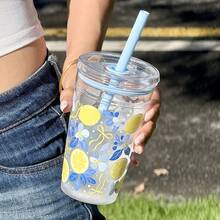 HILAKE 16oz Lemon Flower & Bow Print Plastic Water Bottle With Straw - Portable Design For Iced Coffee And Hydration - Perfect Gift For Family, Friends, Sisters, Loved Ones And Colleagues For Christmas, Valentine's Day, Weddings - Multicolor - View 7