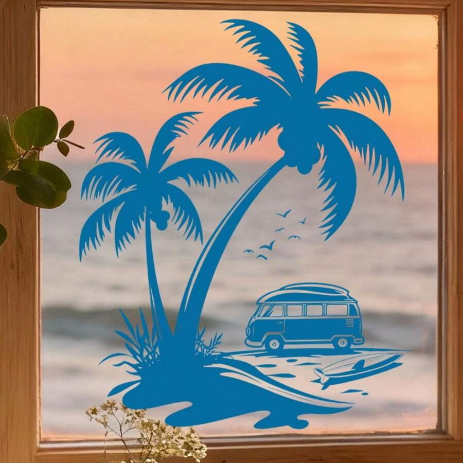 在绿色的椰子树下，停着一辆小汽车。窗贴和墙贴，自粘式，适用于客厅、卧室、学校、办公室和浴室。