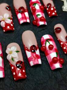 10pcs Vintage Baroque French American Punk Style Nail Stickers, Suitable For Spring & Summer, Red Square Long Glossy With 3D Hand-Painted Wavy Pattern, 3D Ladybug And 3D Handmade Flowers, Suitable For Party Or Daily Wear, Free Nail Stickers And Nail File Included - Multicolor - View 3