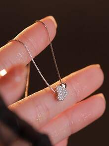 1pc New Fashionable Minimalist Versatile Heart-Shaped Rhinestone Copper Pendant Necklace, Suitable For Women's Daily Wear, Valentine's Day Gift - Silver 2 - View 2